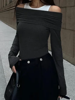 Patchwork Contrast Color Crew Neck Overfold Cold Shoulder Ribbed Knit Shirt