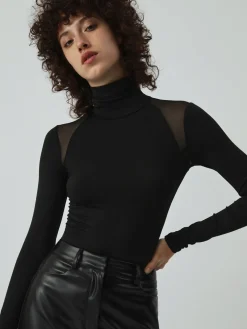 Patchwork Mesh Turtleneck Long Sleeve Bodysuit