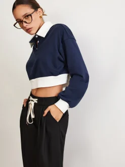 Patchwork Polo Crop Sweatshirt