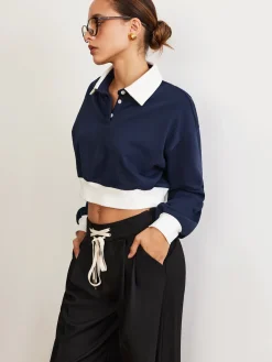 Patchwork Polo Crop Sweatshirt