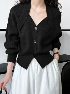 Patchwork V-neck Button Sweater