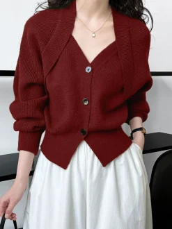 Patchwork V-neck Button Sweater