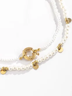 2pcs Pearl Beaded Golden Hoop Necklace