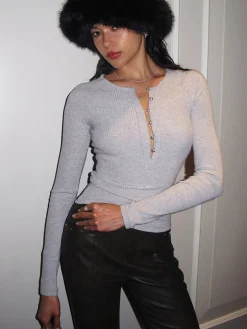 Pearl Button Cutout Skinny Top