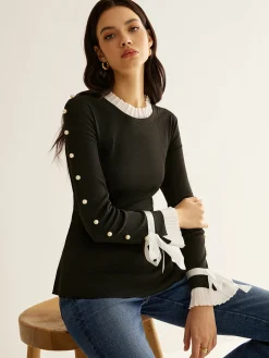 Pearl Decor Panel Pleated Blouse