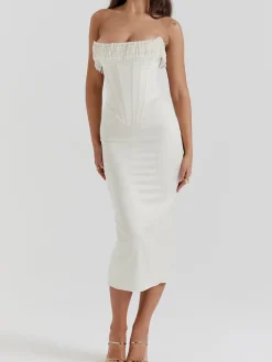 Pearl Decor Strapless Midi Dress