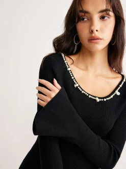 Pearl Trim Bell Sleeve Skinny Sweater