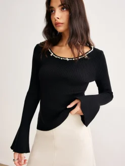 Pearl Trim Bell Sleeve Skinny Sweater