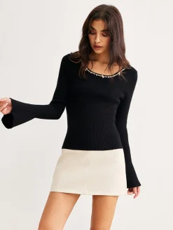 Pearl Trim Bell Sleeve Skinny Sweater