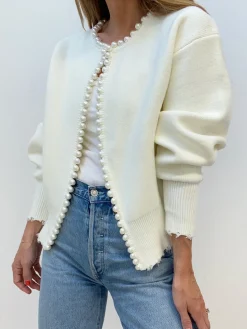 Pearl Trim Ripped Hem Cardigan