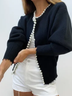 Pearl Trim Ripped Hem Cardigan