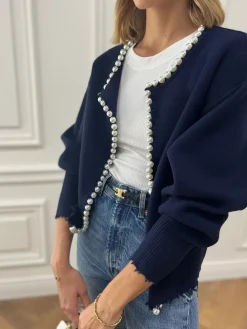 Pearl Trim Ripped Hem Cardigan