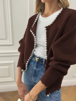 Pearl Trim Ripped Hem Cardigan