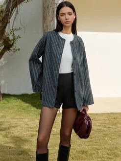 Pinstripe Button Blazer With Tassel Scarf