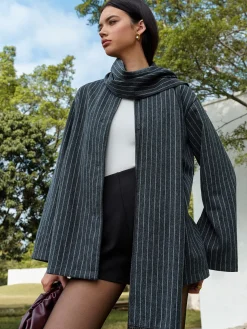 Pinstripe Button Blazer With Tassel Scarf