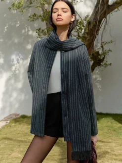 Pinstripe Button Blazer With Tassel Scarf