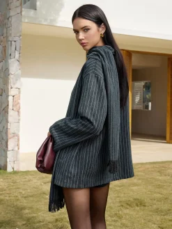 Pinstripe Button Blazer With Tassel Scarf