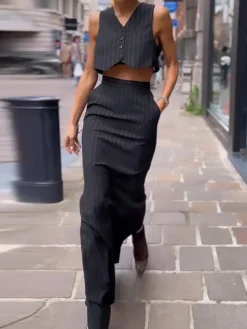 Pinstripe Button Crop Two Pieces Skirt Set