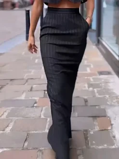 Pinstripe Button Crop Two Pieces Skirt Set
