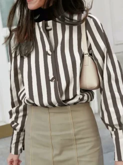 Pinstripe Button Long Sleeve Blouse