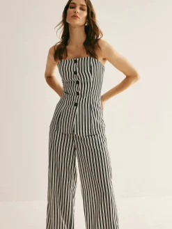 Pinstripe Button Strapless Pants Set