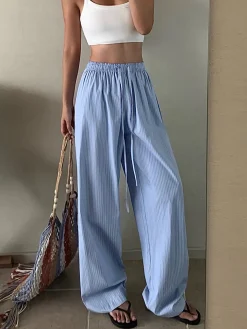 Pinstripe Drawstring Wide-Leg Pants