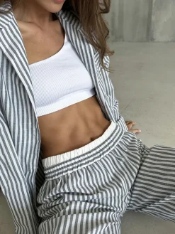 Pinstripe Lapel Long Sleeve Pants Set