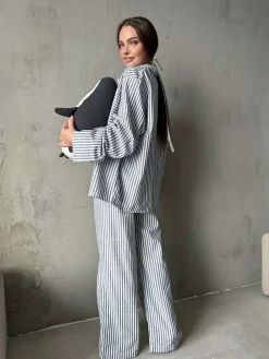 Pinstripe Lapel Long Sleeve Pants Set