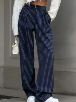 Pinstripe Pleated Wide-Leg Pants