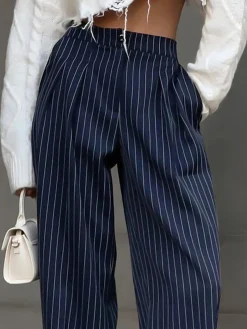 Pinstripe Pleated Wide-Leg Pants