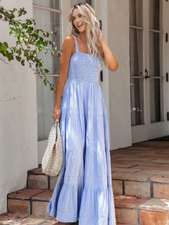 Pinstripe Shirred Backless Long Cami Dress