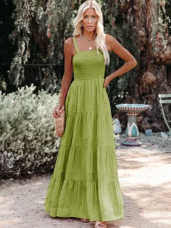 Pinstripe Shirred Backless Long Cami Dress