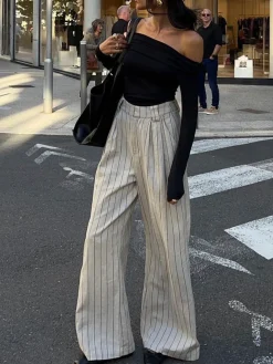 Pinstripe Zippered Wide Leg Pants