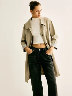 Pinstripe-Cuff Long Trench Coat