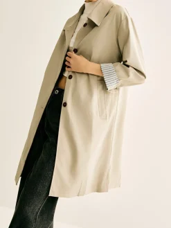 Pinstripe-Cuff Long Trench Coat
