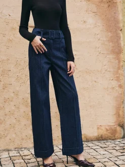 Piping Belted Decor Straight Jeans