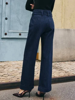 Piping Belted Decor Straight Jeans