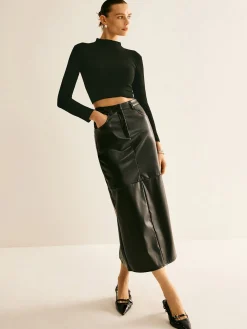 Piping PU Leather A-Line Skirt