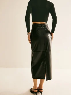 Piping PU Leather A-Line Skirt