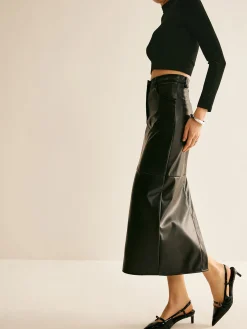 Piping PU Leather A-Line Skirt