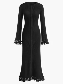 Piping Ruffle Drawstring Knit Dress