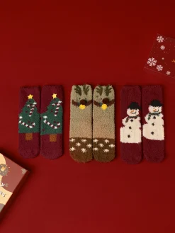 3pk Christmas Coral Velvet Socks With Box