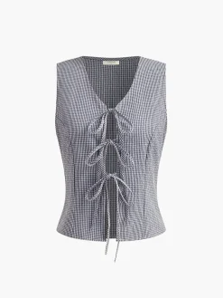 Plaid Knotted V-Neck Tank Top