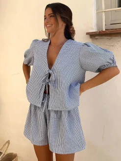 Plaid Lace Up Shorts Set