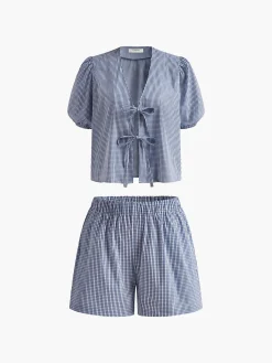 Plaid Lace Up Shorts Set