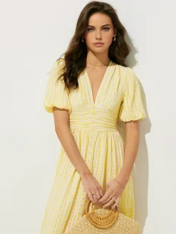 Plaid Pattern Puff Sleeve V-Neck Midi Dress