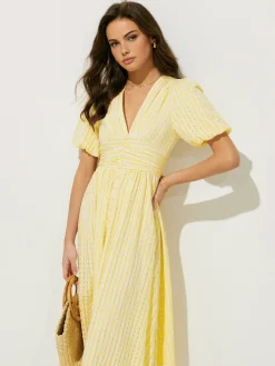 Plaid Pattern Puff Sleeve V-Neck Midi Dress