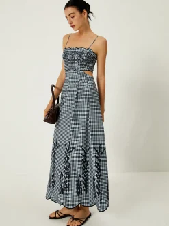Plaid Print Embroidered Cutout Cami Long Dress