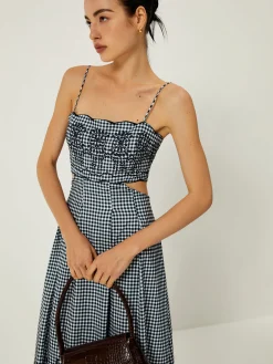 Plaid Print Embroidered Cutout Cami Long Dress