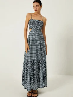 Plaid Print Embroidered Cutout Cami Long Dress